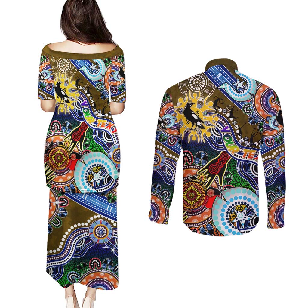 Custom NAIDOC Week 2024 Collingwood Magpies Couples Matching Puletasi and Long Sleeve Button Shirt Australia Aboriginal Dot Painting