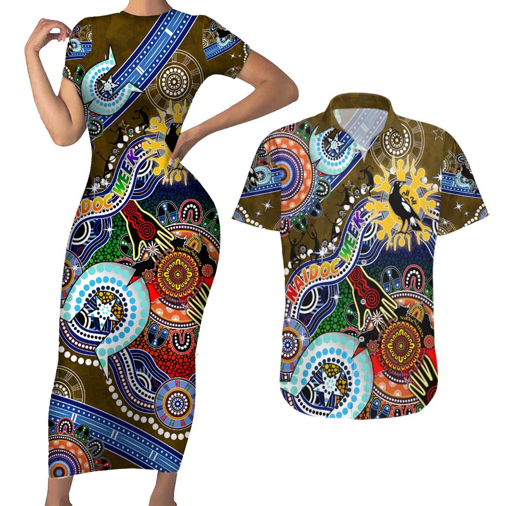 Custom NAIDOC Week 2024 Collingwood Magpies Couples Matching Short Sleeve Bodycon Dress and Hawaiian Shirt Australia Aboriginal Dot Painting