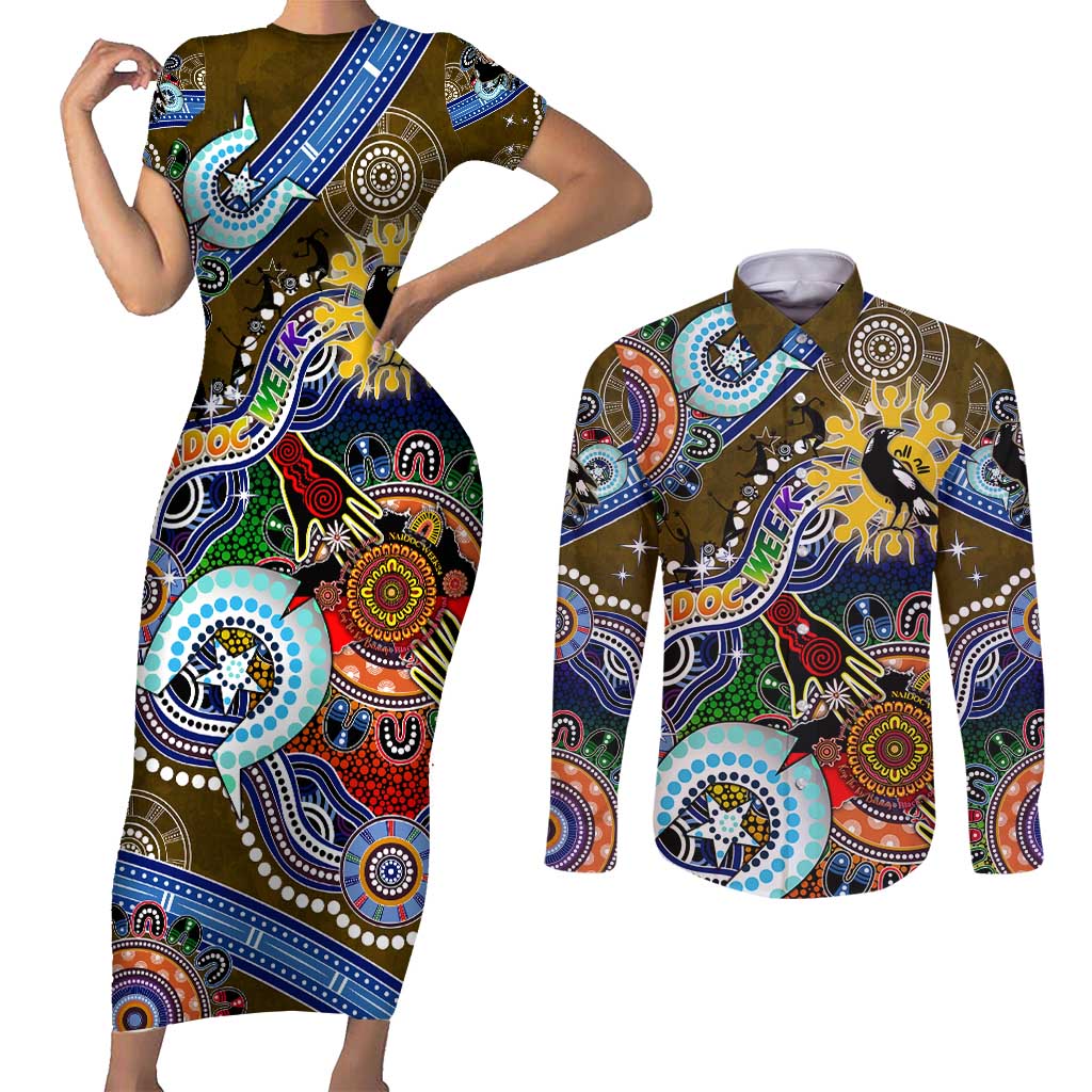 Custom NAIDOC Week 2024 Collingwood Magpies Couples Matching Short Sleeve Bodycon Dress and Long Sleeve Button Shirt Australia Aboriginal Dot Painting