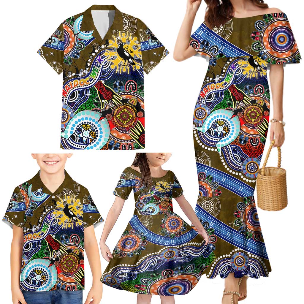 Custom NAIDOC Week 2024 Collingwood Magpies Family Matching Mermaid Dress and Hawaiian Shirt Australia Aboriginal Dot Painting