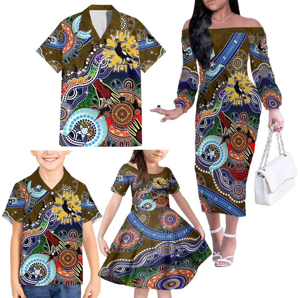 Custom NAIDOC Week 2024 Collingwood Magpies Family Matching Off The Shoulder Long Sleeve Dress and Hawaiian Shirt Australia Aboriginal Dot Painting