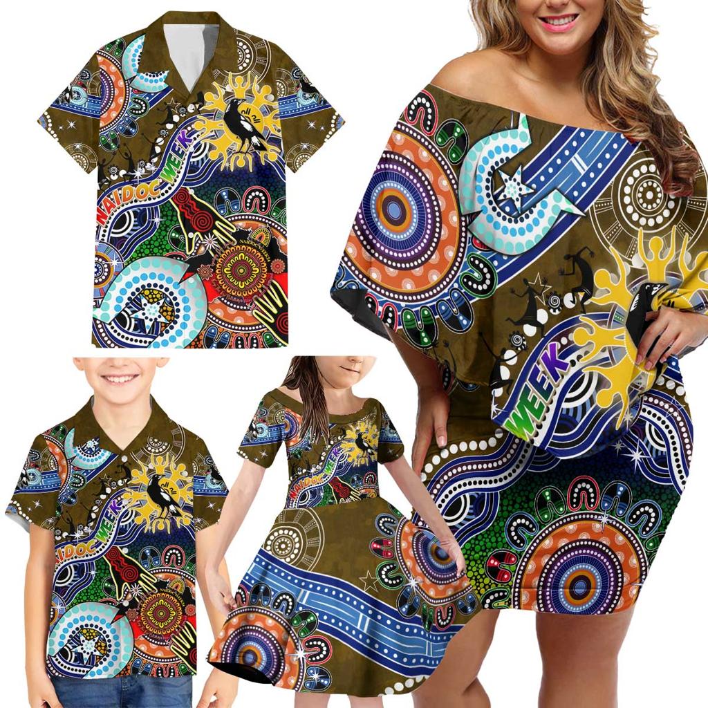 Custom NAIDOC Week 2024 Collingwood Magpies Family Matching Off Shoulder Short Dress and Hawaiian Shirt Australia Aboriginal Dot Painting