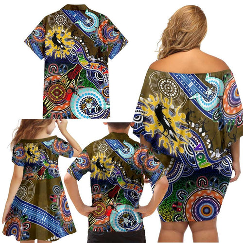 Custom NAIDOC Week 2024 Collingwood Magpies Family Matching Off Shoulder Short Dress and Hawaiian Shirt Australia Aboriginal Dot Painting