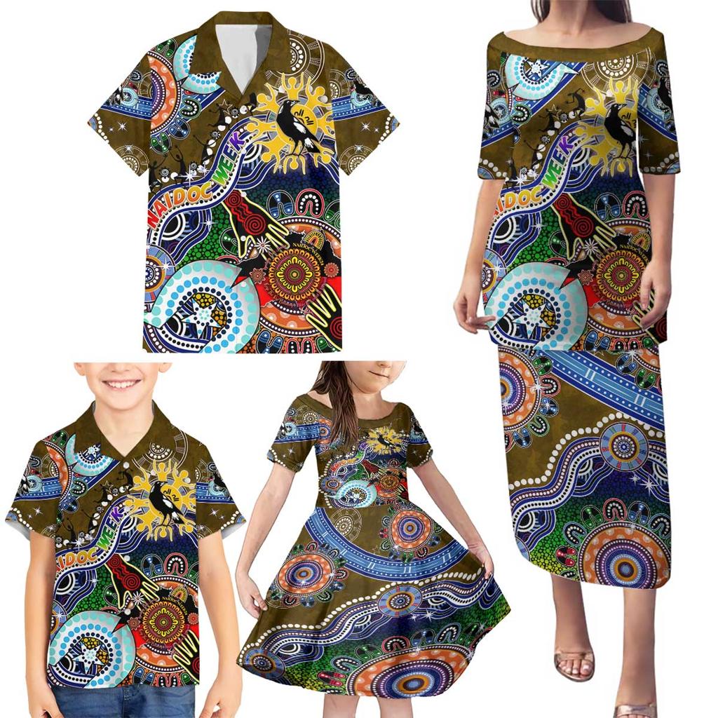 Custom NAIDOC Week 2024 Collingwood Magpies Family Matching Puletasi and Hawaiian Shirt Australia Aboriginal Dot Painting