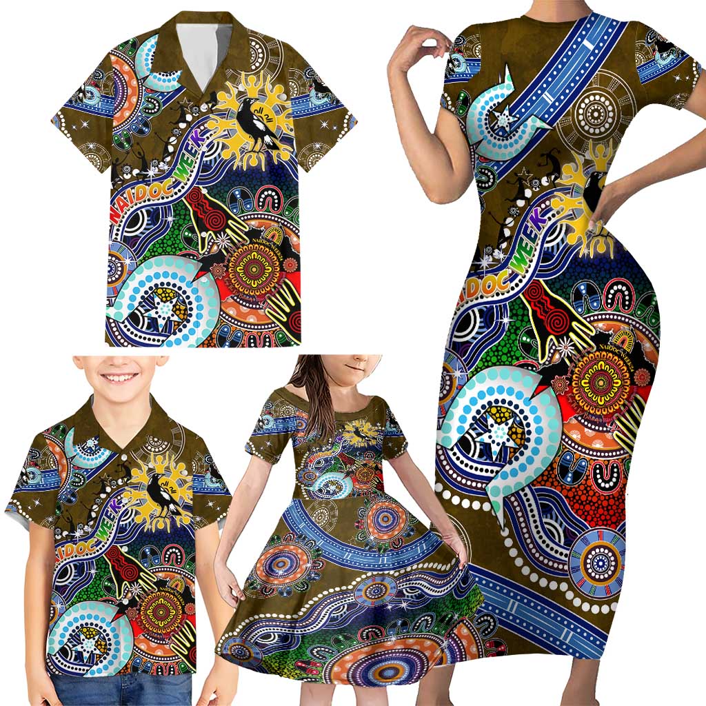 Custom NAIDOC Week 2024 Collingwood Magpies Family Matching Short Sleeve Bodycon Dress and Hawaiian Shirt Australia Aboriginal Dot Painting