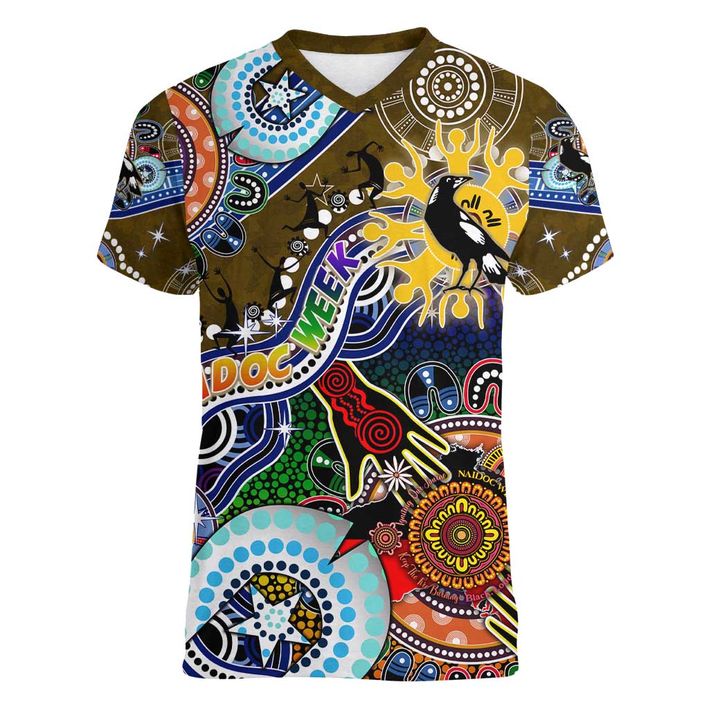 Custom NAIDOC Week 2024 Collingwood Magpies Women V-Neck T-Shirt Australia Aboriginal Dot Painting