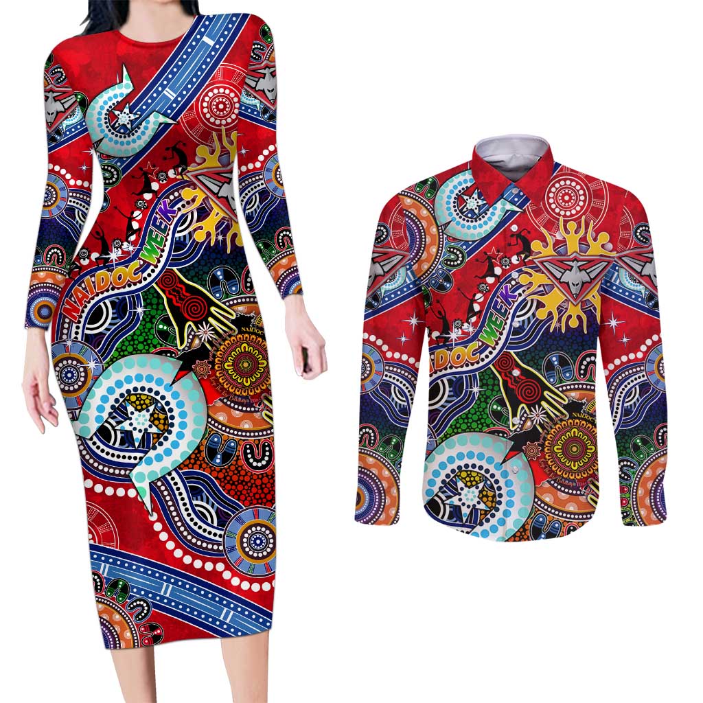Custom NAIDOC Week 2024 Essendon Bombers Couples Matching Long Sleeve Bodycon Dress and Long Sleeve Button Shirt Australia Aboriginal Dot Painting