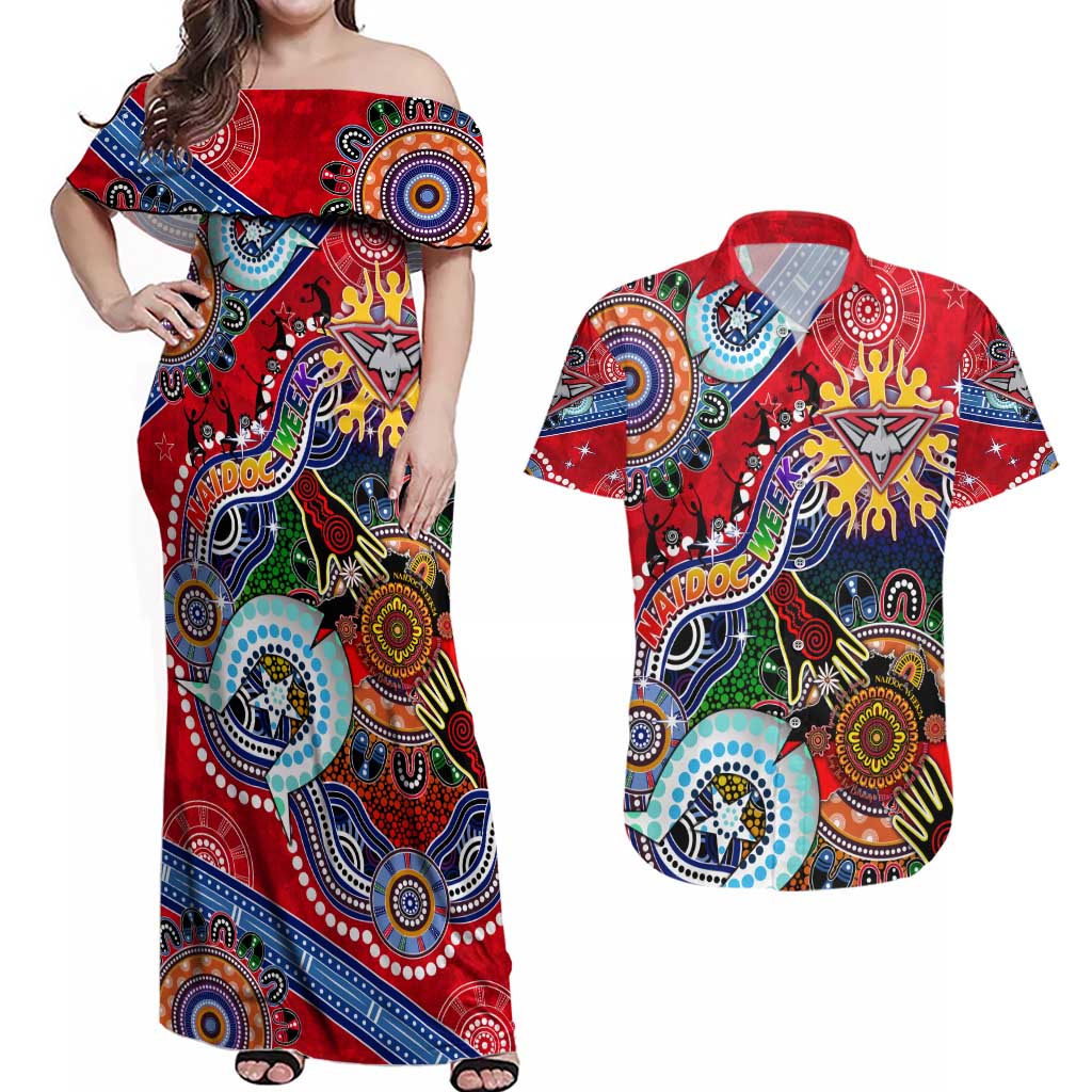 Custom NAIDOC Week 2024 Essendon Bombers Couples Matching Off Shoulder Maxi Dress and Hawaiian Shirt Australia Aboriginal Dot Painting