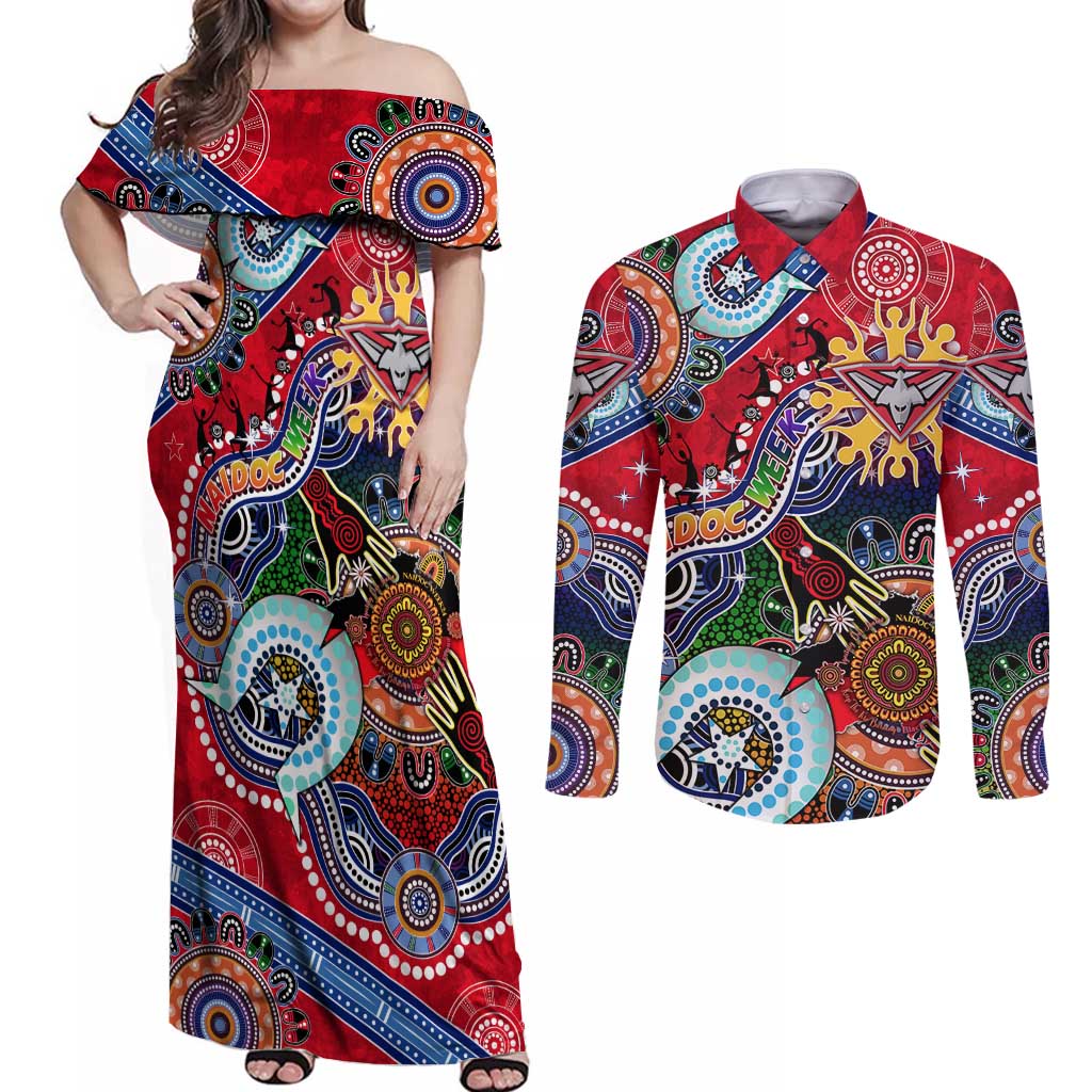 Custom NAIDOC Week 2024 Essendon Bombers Couples Matching Off Shoulder Maxi Dress and Long Sleeve Button Shirt Australia Aboriginal Dot Painting