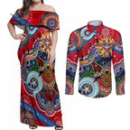 Custom NAIDOC Week 2024 Essendon Bombers Couples Matching Off Shoulder Maxi Dress and Long Sleeve Button Shirt Australia Aboriginal Dot Painting