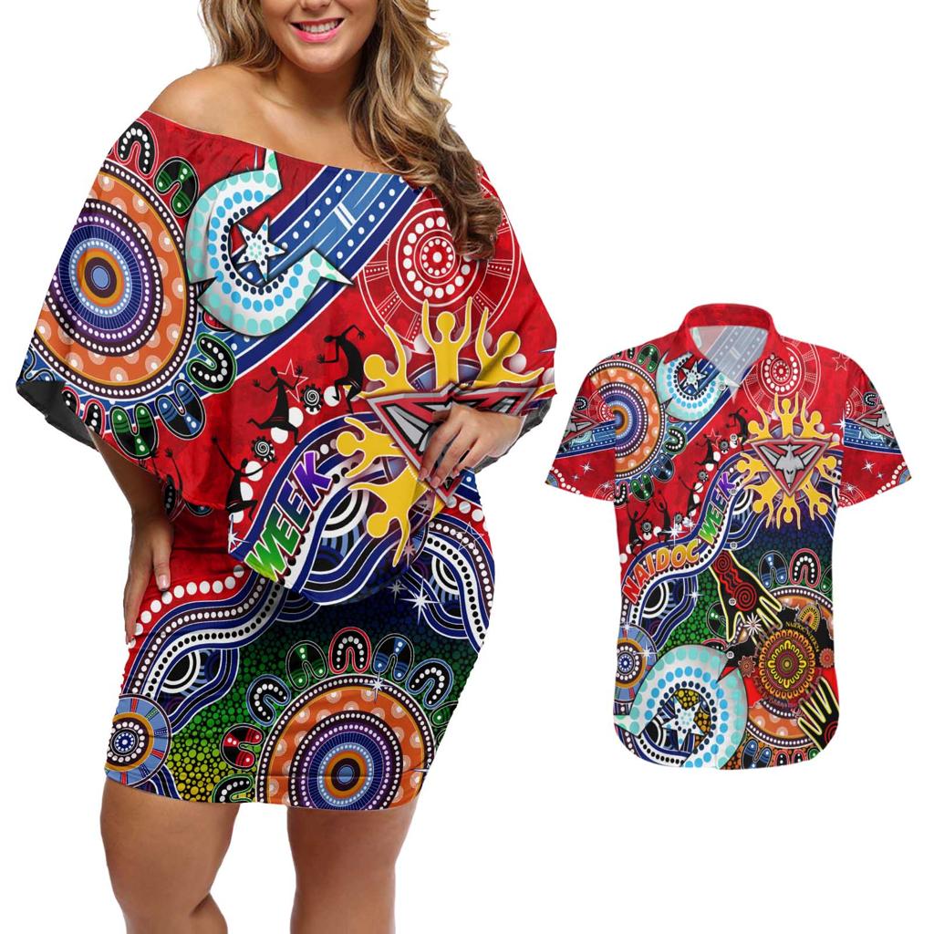 Custom NAIDOC Week 2024 Essendon Bombers Couples Matching Off Shoulder Short Dress and Hawaiian Shirt Australia Aboriginal Dot Painting