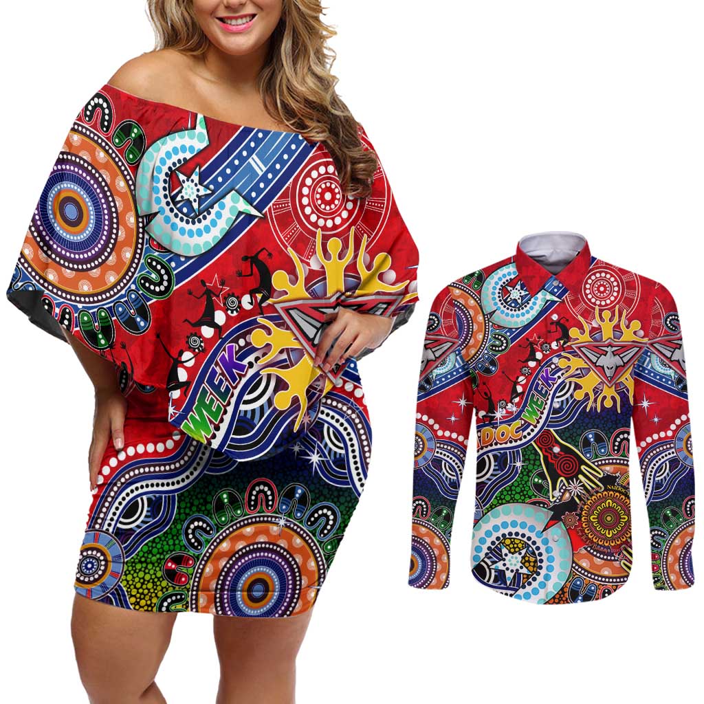 Custom NAIDOC Week 2024 Essendon Bombers Couples Matching Off Shoulder Short Dress and Long Sleeve Button Shirt Australia Aboriginal Dot Painting