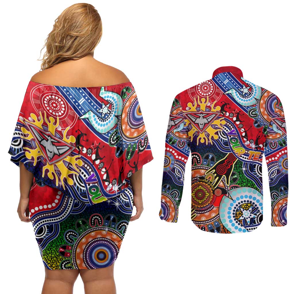 Custom NAIDOC Week 2024 Essendon Bombers Couples Matching Off Shoulder Short Dress and Long Sleeve Button Shirt Australia Aboriginal Dot Painting