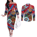 Custom NAIDOC Week 2024 Essendon Bombers Couples Matching Off The Shoulder Long Sleeve Dress and Long Sleeve Button Shirt Australia Aboriginal Dot Painting