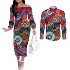 Custom NAIDOC Week 2024 Essendon Bombers Couples Matching Off The Shoulder Long Sleeve Dress and Long Sleeve Button Shirt Australia Aboriginal Dot Painting
