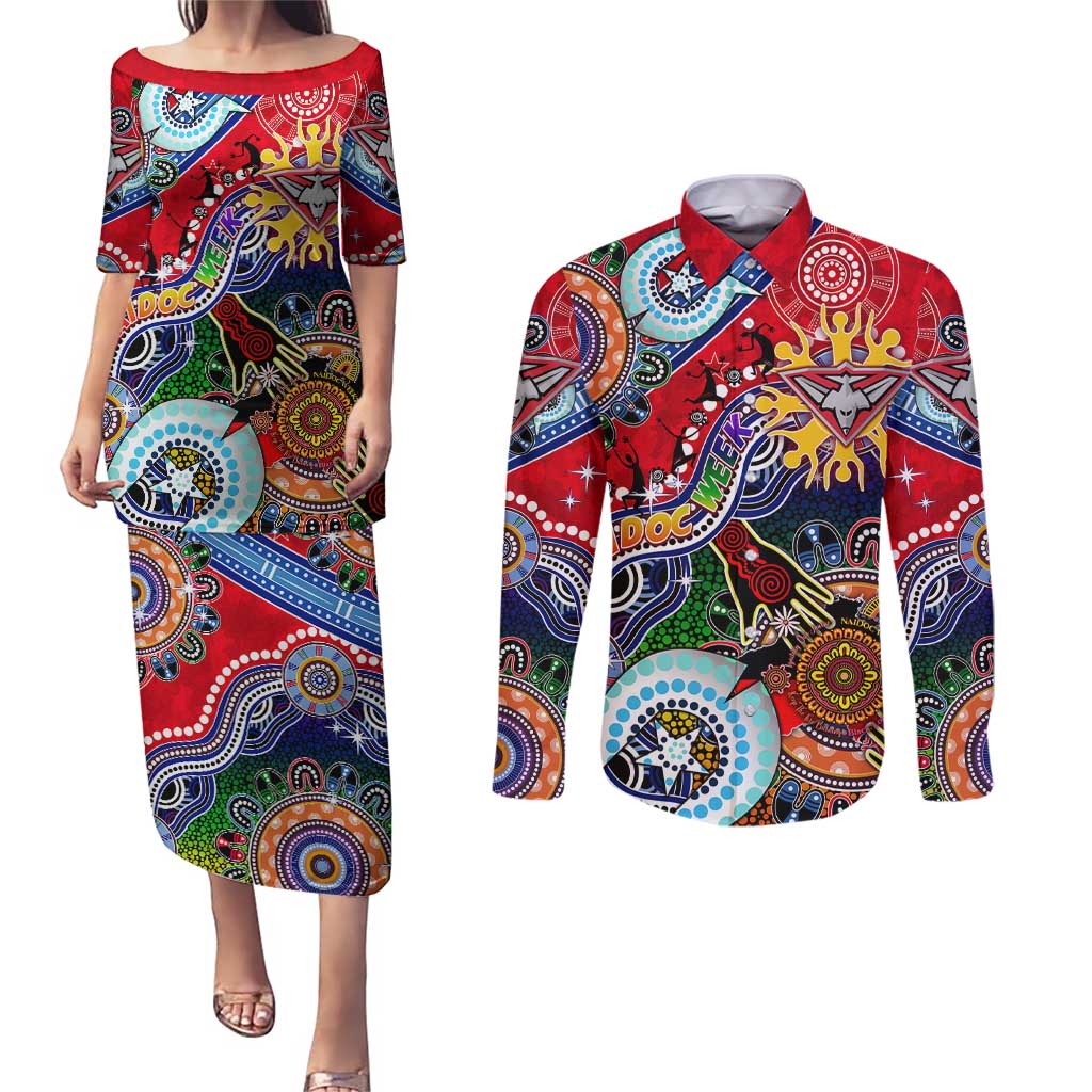 Custom NAIDOC Week 2024 Essendon Bombers Couples Matching Puletasi and Long Sleeve Button Shirt Australia Aboriginal Dot Painting