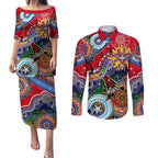Custom NAIDOC Week 2024 Essendon Bombers Couples Matching Puletasi and Long Sleeve Button Shirt Australia Aboriginal Dot Painting
