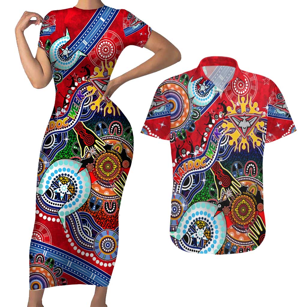 Custom NAIDOC Week 2024 Essendon Bombers Couples Matching Short Sleeve Bodycon Dress and Hawaiian Shirt Australia Aboriginal Dot Painting