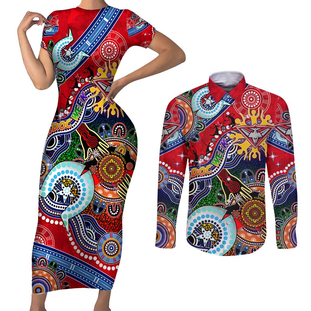 Custom NAIDOC Week 2024 Essendon Bombers Couples Matching Short Sleeve Bodycon Dress and Long Sleeve Button Shirt Australia Aboriginal Dot Painting