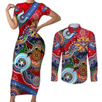 Custom NAIDOC Week 2024 Essendon Bombers Couples Matching Short Sleeve Bodycon Dress and Long Sleeve Button Shirt Australia Aboriginal Dot Painting