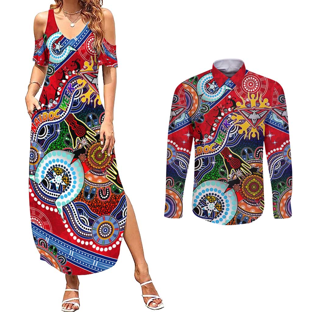 Custom NAIDOC Week 2024 Essendon Bombers Couples Matching Summer Maxi Dress and Long Sleeve Button Shirt Australia Aboriginal Dot Painting
