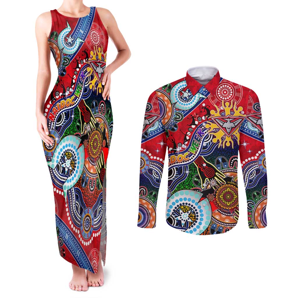 Custom NAIDOC Week 2024 Essendon Bombers Couples Matching Tank Maxi Dress and Long Sleeve Button Shirt Australia Aboriginal Dot Painting
