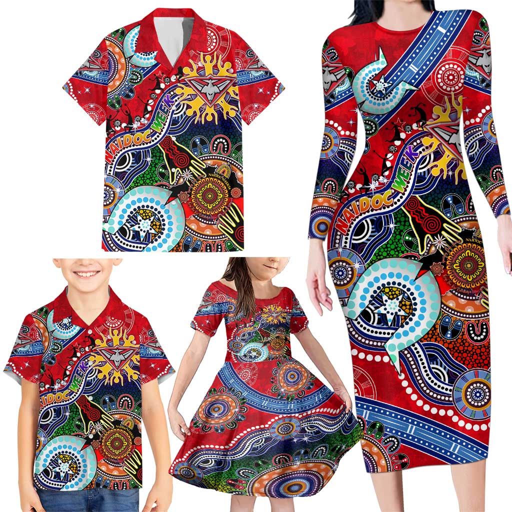 Custom NAIDOC Week 2024 Essendon Bombers Family Matching Long Sleeve Bodycon Dress and Hawaiian Shirt Australia Aboriginal Dot Painting