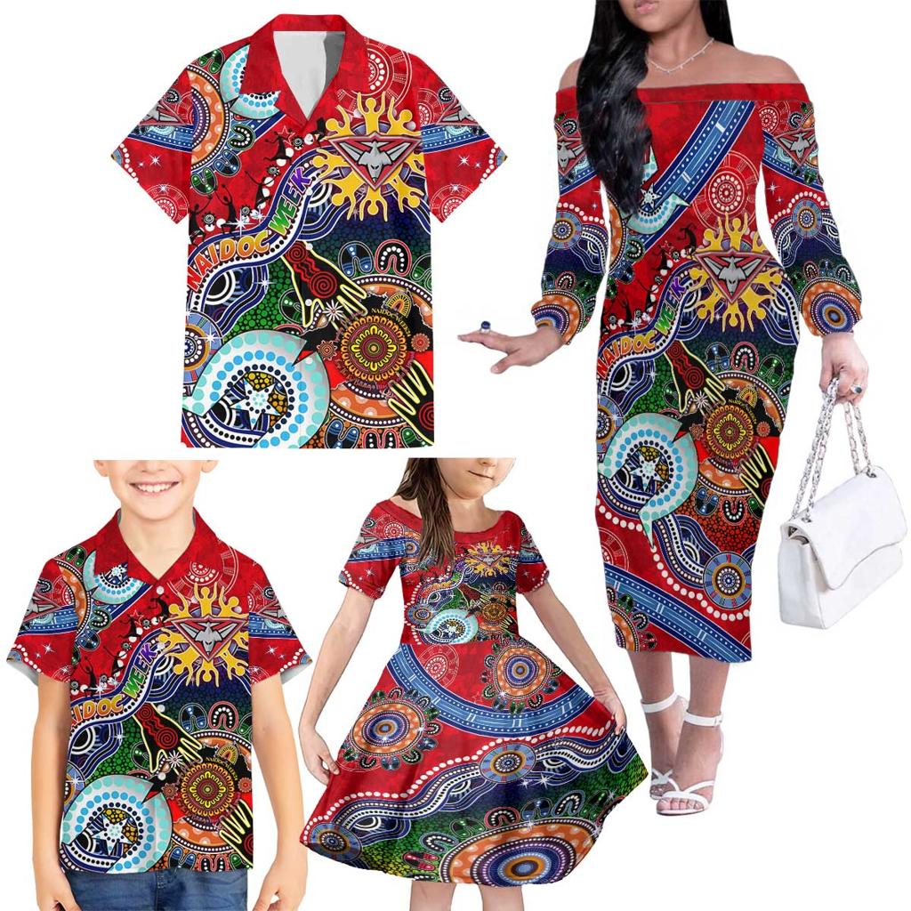 Custom NAIDOC Week 2024 Essendon Bombers Family Matching Off The Shoulder Long Sleeve Dress and Hawaiian Shirt Australia Aboriginal Dot Painting