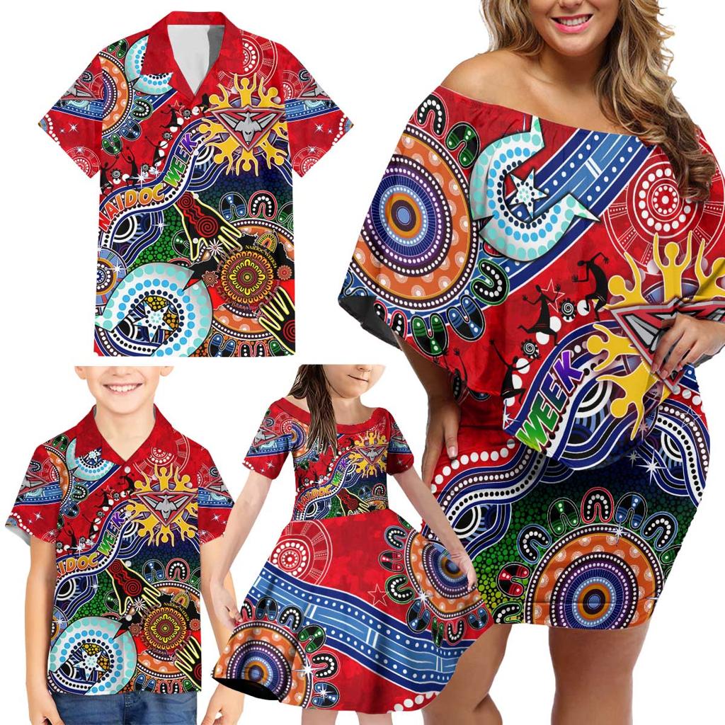 Custom NAIDOC Week 2024 Essendon Bombers Family Matching Off Shoulder Short Dress and Hawaiian Shirt Australia Aboriginal Dot Painting