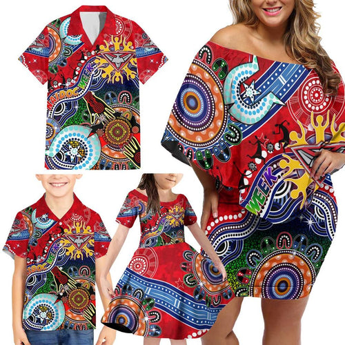 Custom NAIDOC Week 2024 Essendon Bombers Family Matching Off Shoulder Short Dress and Hawaiian Shirt Australia Aboriginal Dot Painting