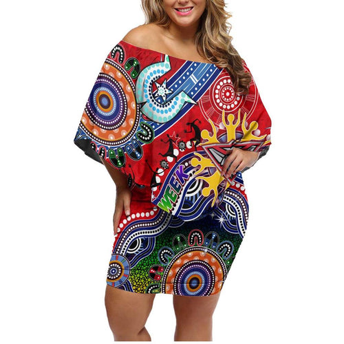 Custom NAIDOC Week 2024 Essendon Bombers Family Matching Off Shoulder Short Dress and Hawaiian Shirt Australia Aboriginal Dot Painting