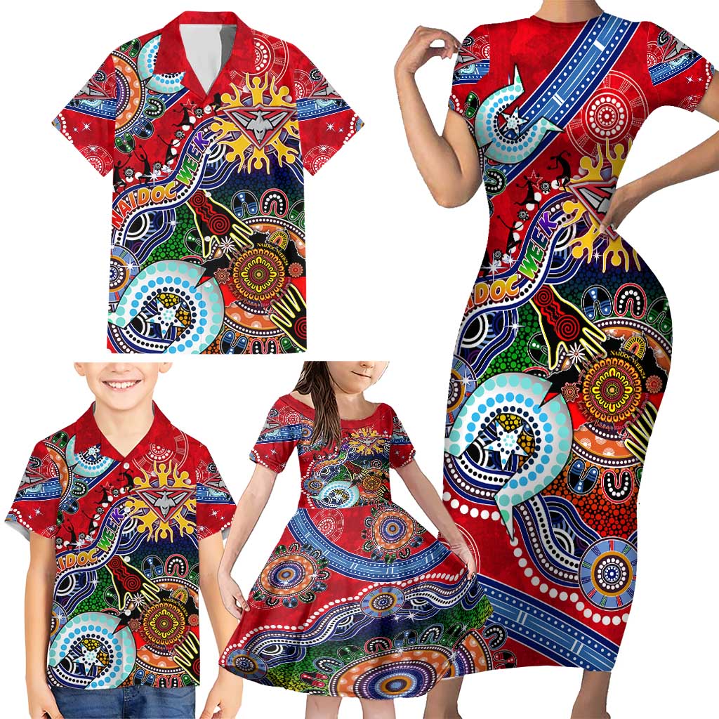 Custom NAIDOC Week 2024 Essendon Bombers Family Matching Short Sleeve Bodycon Dress and Hawaiian Shirt Australia Aboriginal Dot Painting