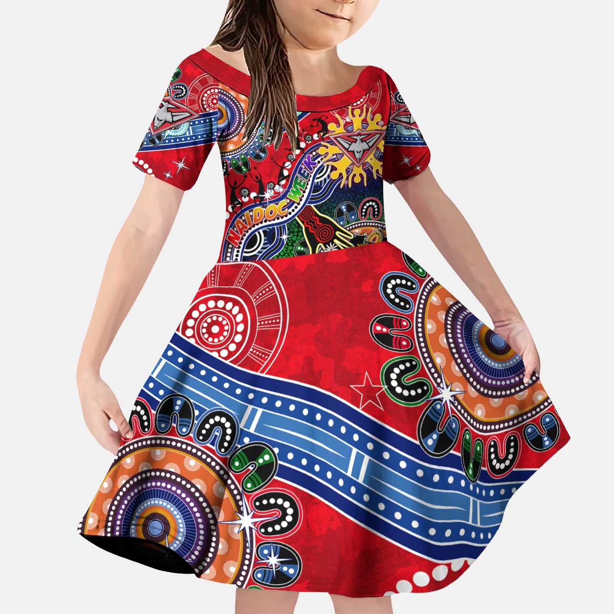 Custom NAIDOC Week 2024 Essendon Bombers Kid Short Sleeve Dress Australia Aboriginal Dot Painting