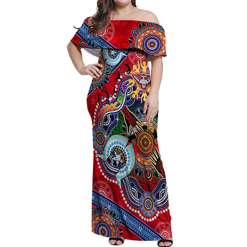 Custom NAIDOC Week 2024 Essendon Bombers Off Shoulder Maxi Dress Australia Aboriginal Dot Painting
