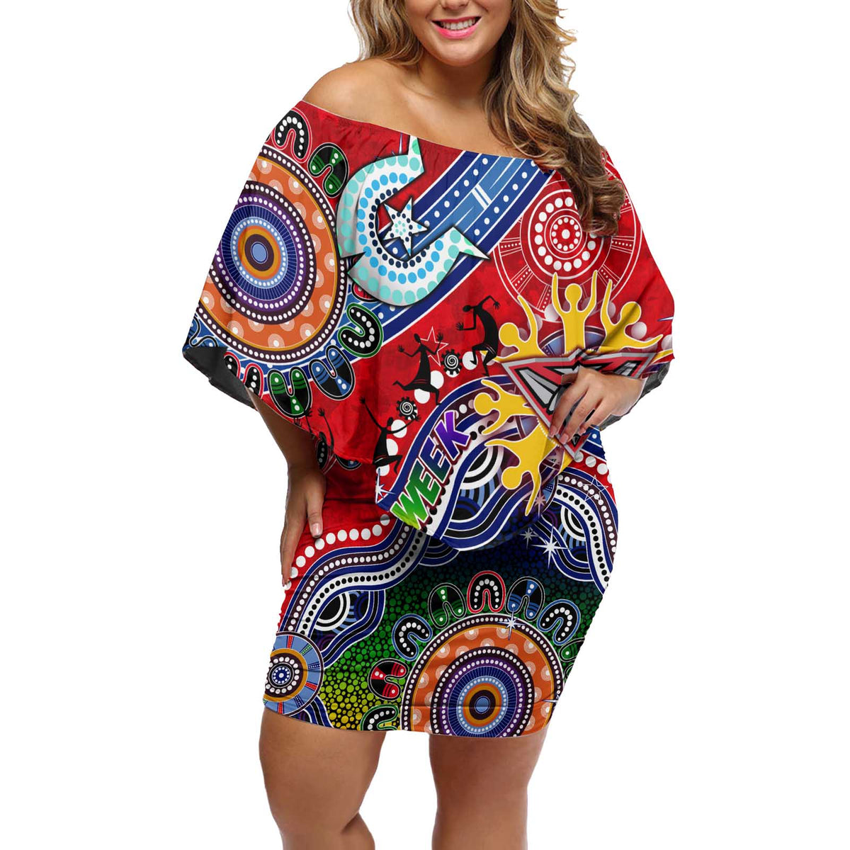 Custom NAIDOC Week 2024 Essendon Bombers Off Shoulder Short Dress Australia Aboriginal Dot Painting