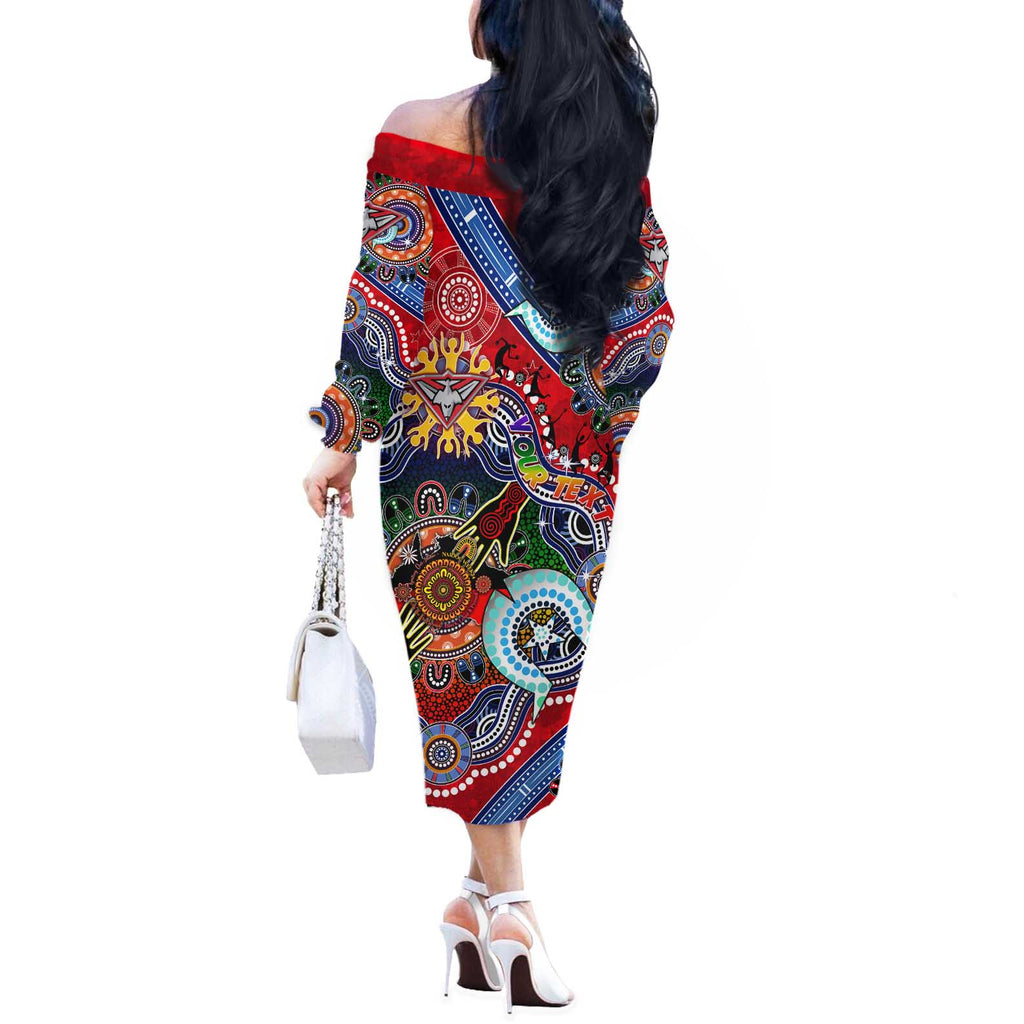 Custom NAIDOC Week 2024 Essendon Bombers Off The Shoulder Long Sleeve Dress Australia Aboriginal Dot Painting