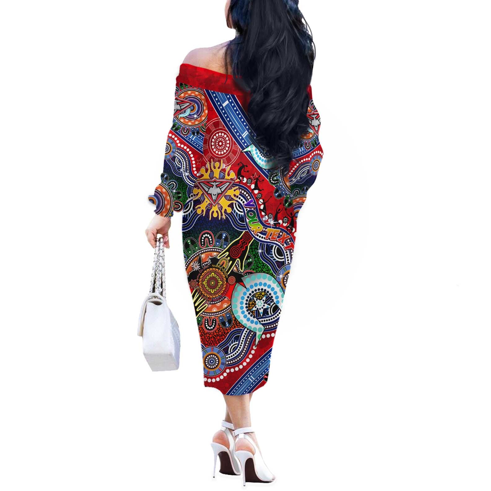 Custom NAIDOC Week 2024 Essendon Bombers Off The Shoulder Long Sleeve Dress Australia Aboriginal Dot Painting
