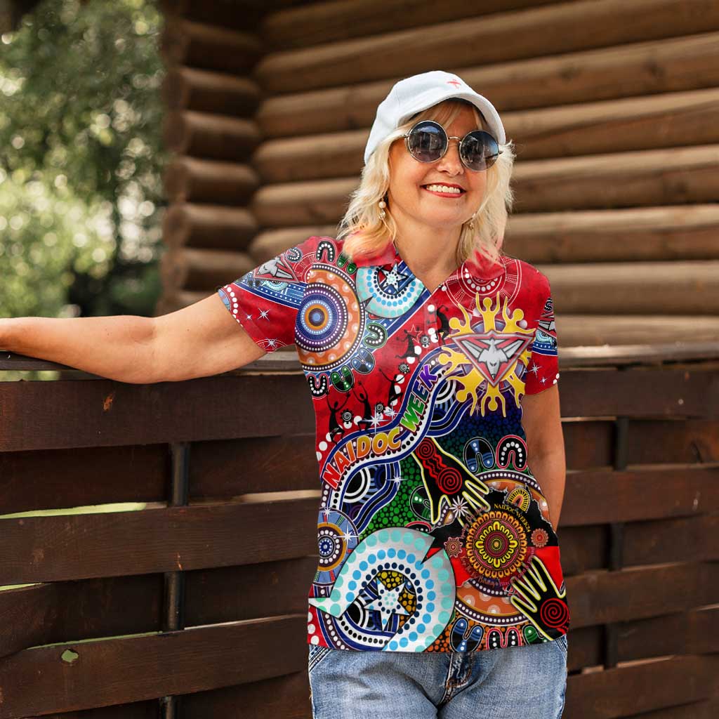 Custom NAIDOC Week 2024 Essendon Bombers Women Polo Shirt Australia Aboriginal Dot Painting
