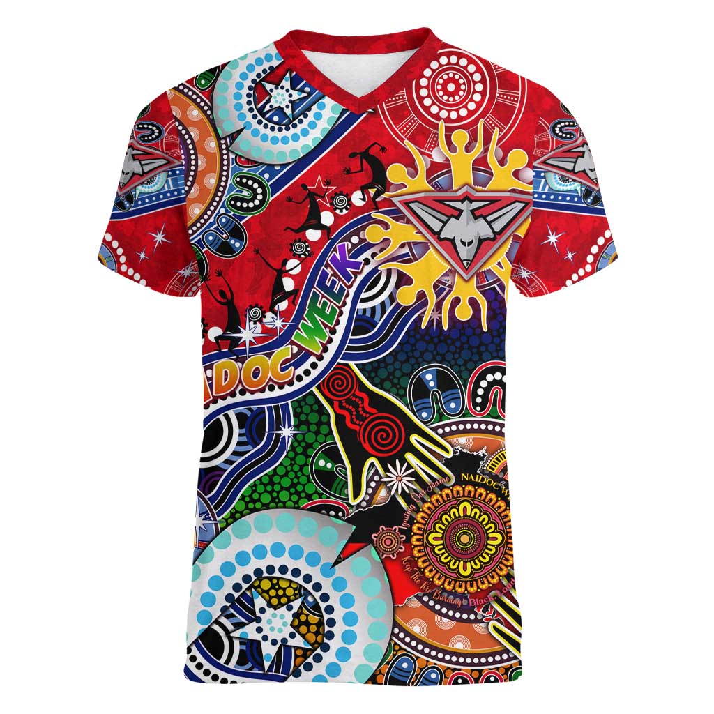 Custom NAIDOC Week 2024 Essendon Bombers Women V-Neck T-Shirt Australia Aboriginal Dot Painting