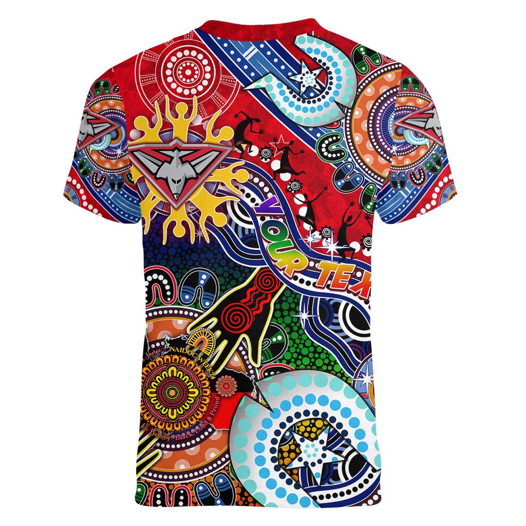 Custom NAIDOC Week 2024 Essendon Bombers Women V-Neck T-Shirt Australia Aboriginal Dot Painting