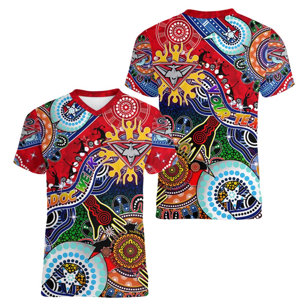 Custom NAIDOC Week 2024 Essendon Bombers Women V-Neck T-Shirt Australia Aboriginal Dot Painting