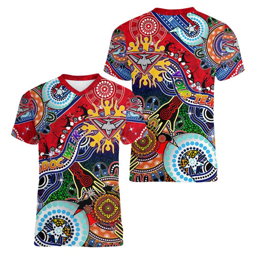 Custom NAIDOC Week 2024 Essendon Bombers Women V-Neck T-Shirt Australia Aboriginal Dot Painting