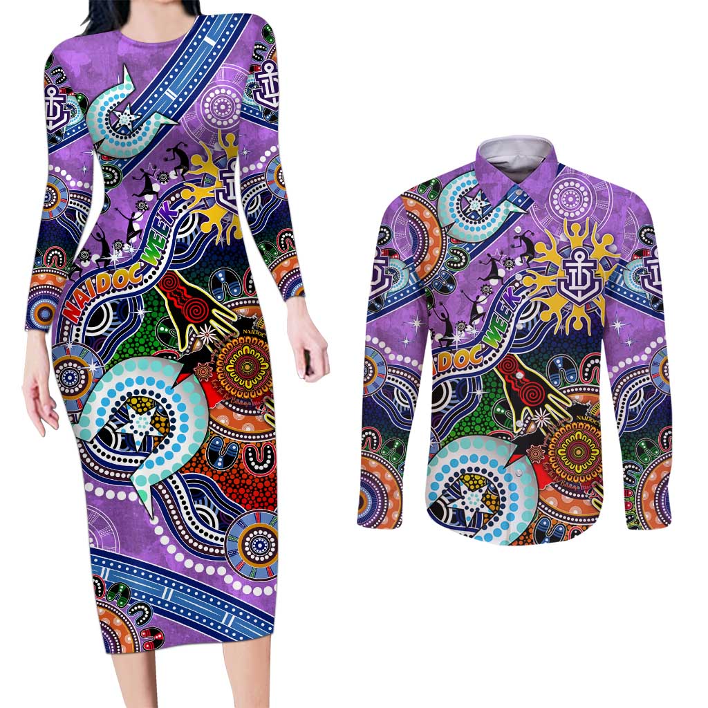 Custom NAIDOC Week 2024 Fremantle Dockers Freo Couples Matching Long Sleeve Bodycon Dress and Long Sleeve Button Shirt Australia Aboriginal Dot Painting