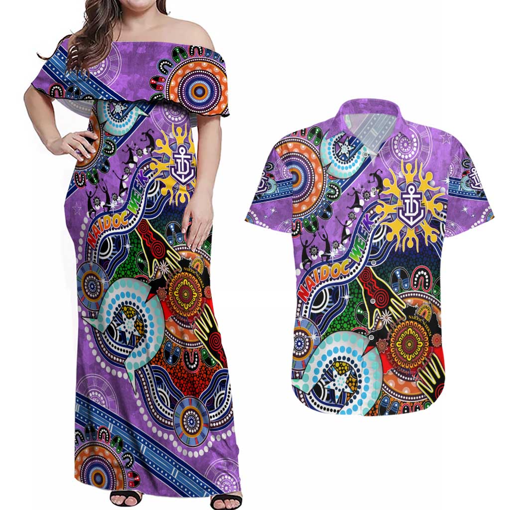 Custom NAIDOC Week 2024 Fremantle Dockers Freo Couples Matching Off Shoulder Maxi Dress and Hawaiian Shirt Australia Aboriginal Dot Painting