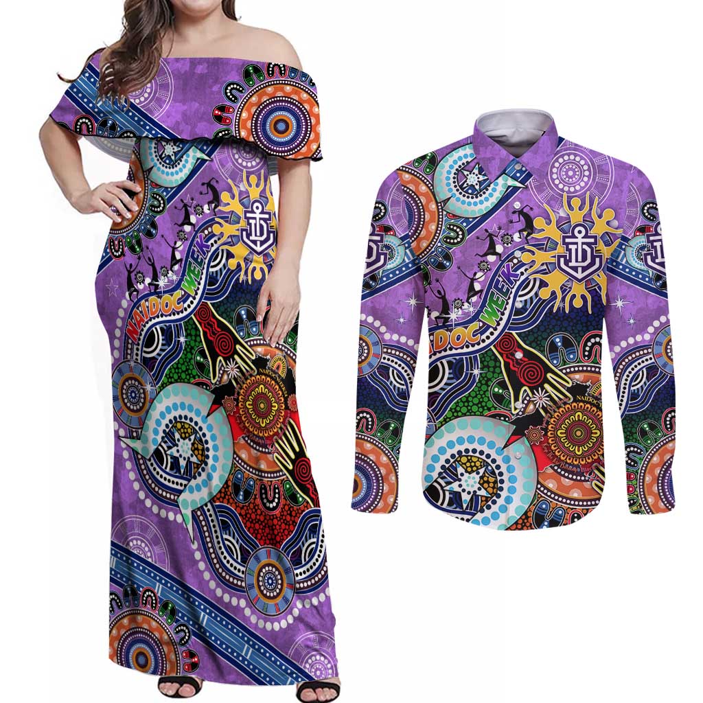 Custom NAIDOC Week 2024 Fremantle Dockers Freo Couples Matching Off Shoulder Maxi Dress and Long Sleeve Button Shirt Australia Aboriginal Dot Painting