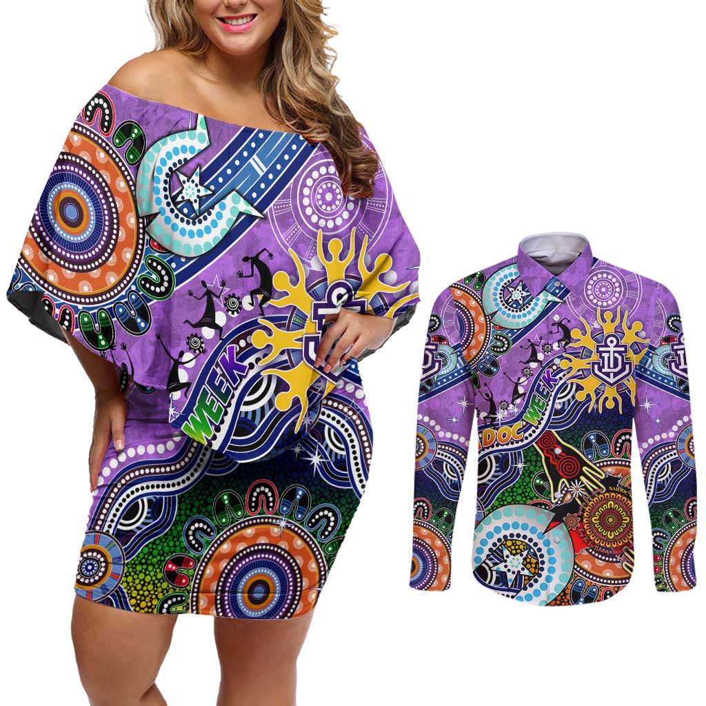 Custom NAIDOC Week 2024 Fremantle Dockers Freo Couples Matching Off Shoulder Short Dress and Long Sleeve Button Shirt Australia Aboriginal Dot Painting