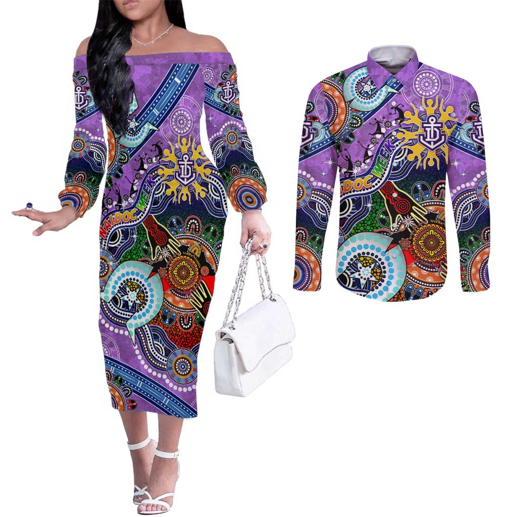 Custom NAIDOC Week 2024 Fremantle Dockers Freo Couples Matching Off The Shoulder Long Sleeve Dress and Long Sleeve Button Shirt Australia Aboriginal Dot Painting