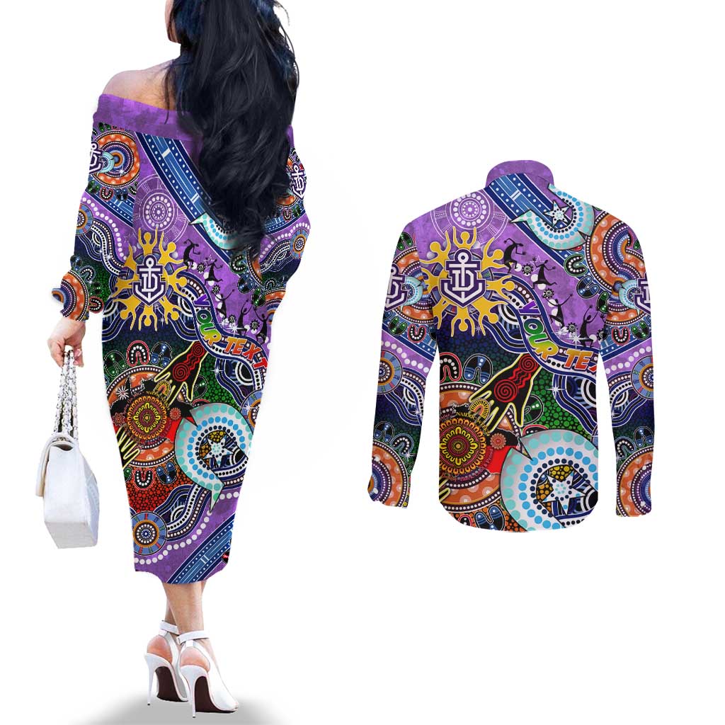 Custom NAIDOC Week 2024 Fremantle Dockers Freo Couples Matching Off The Shoulder Long Sleeve Dress and Long Sleeve Button Shirt Australia Aboriginal Dot Painting