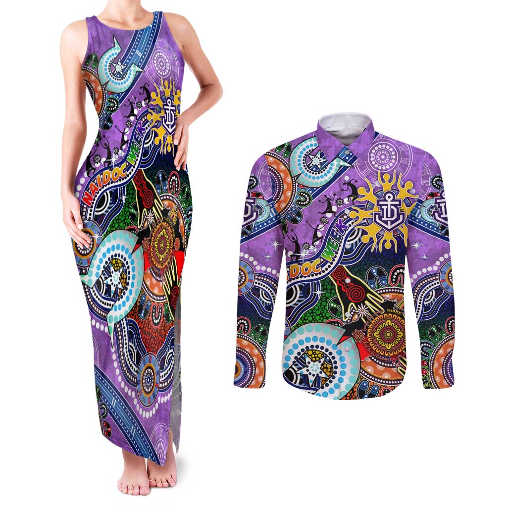 Custom NAIDOC Week 2024 Fremantle Dockers Freo Couples Matching Tank Maxi Dress and Long Sleeve Button Shirt Australia Aboriginal Dot Painting