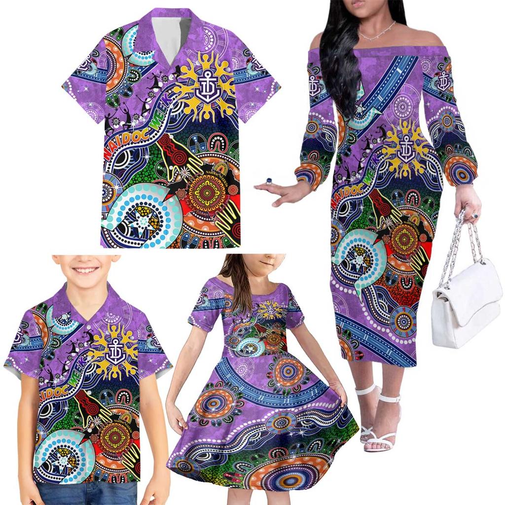 Custom NAIDOC Week 2024 Fremantle Dockers Freo Family Matching Off The Shoulder Long Sleeve Dress and Hawaiian Shirt Australia Aboriginal Dot Painting